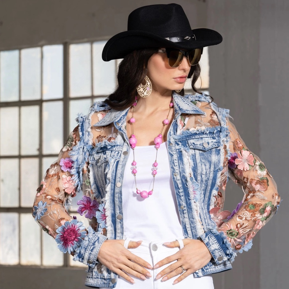 Floral Embroidered Denim Jacket With Sheer Sleeves